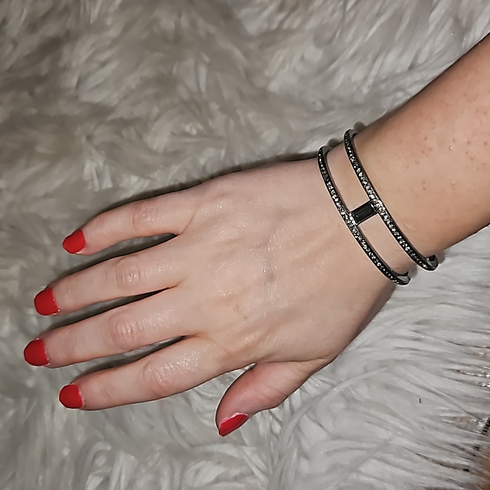 Dark Metal Rhinestone Cuff Bracelet – Adjustable Open Cuff